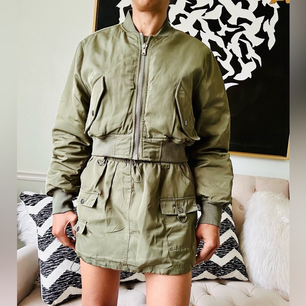 Fashion Nova Olive Green Got to Get Away Bomber Skirt Set - Picture 2 of 11